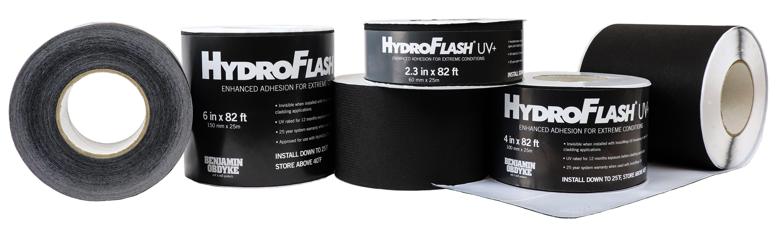 Variety of HydroFlash UV+ flashing tape sizes